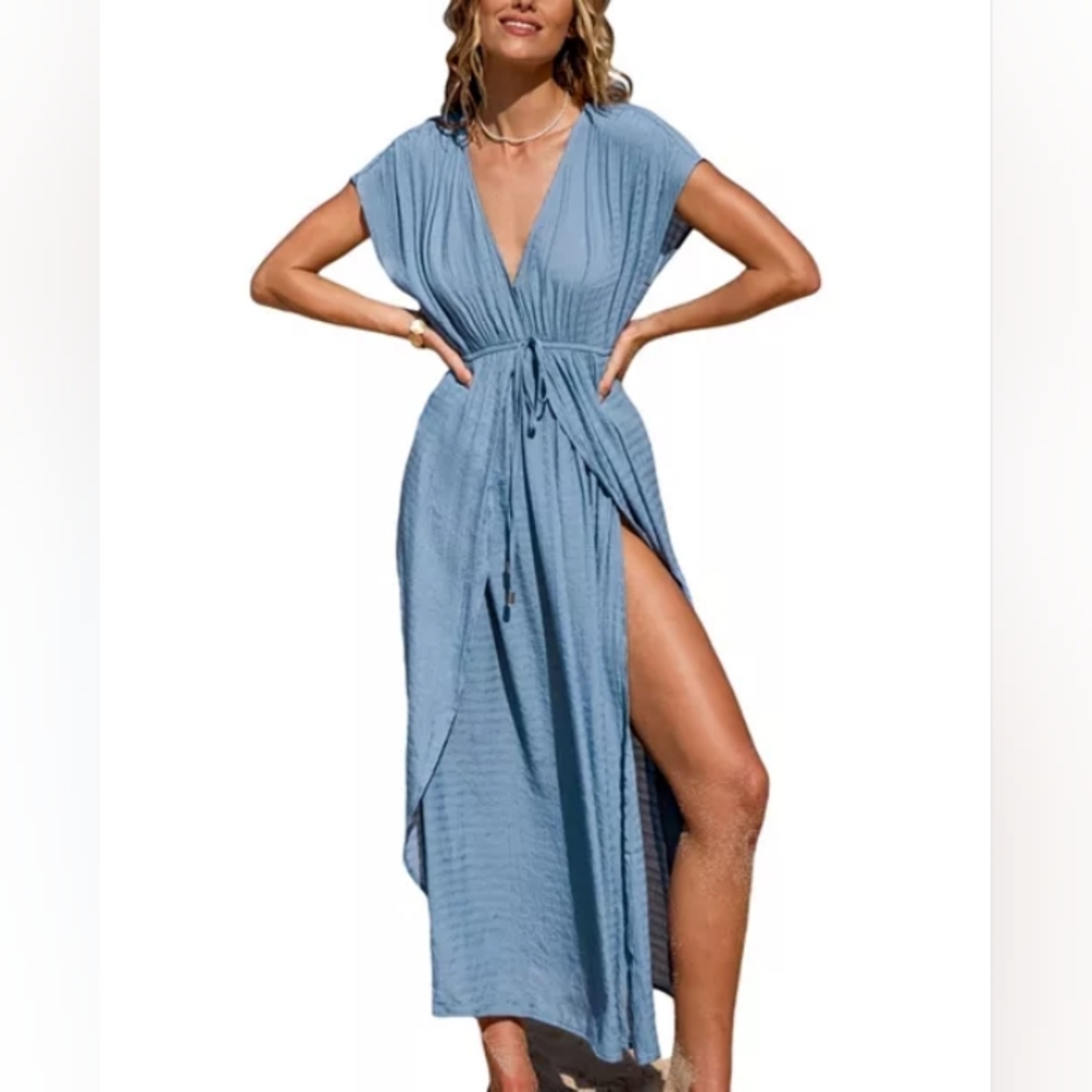 Cupshe light blue slip flowy summer Cover-Up Maxi Beach Dress Sz M